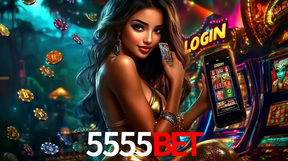 Mulher em um cenário de cassino temático de aventura, mostrando o app de caça-níqueis da 5555bet no celular. Fichas de apostas flutuam ao redor.