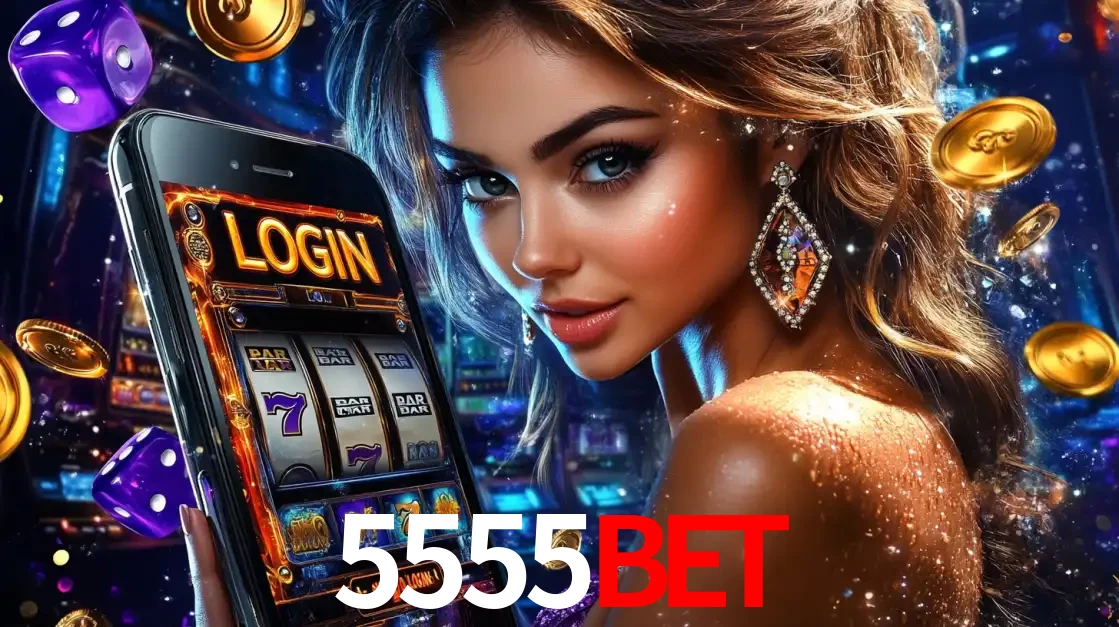 Mulher glamorosa segurando um smartphone com a tela de login para os jogos de caça-níqueis do cassino online 5555bet, com moedas de ouro e dados ao redor.